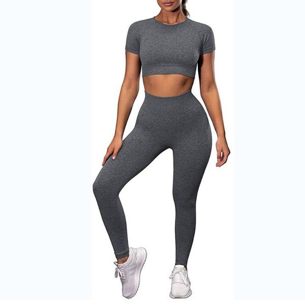 

women's leggings 2pcs/set vital women sport suit gym workout clothes short sleeve fitness crop high waist energy seamless, Black
