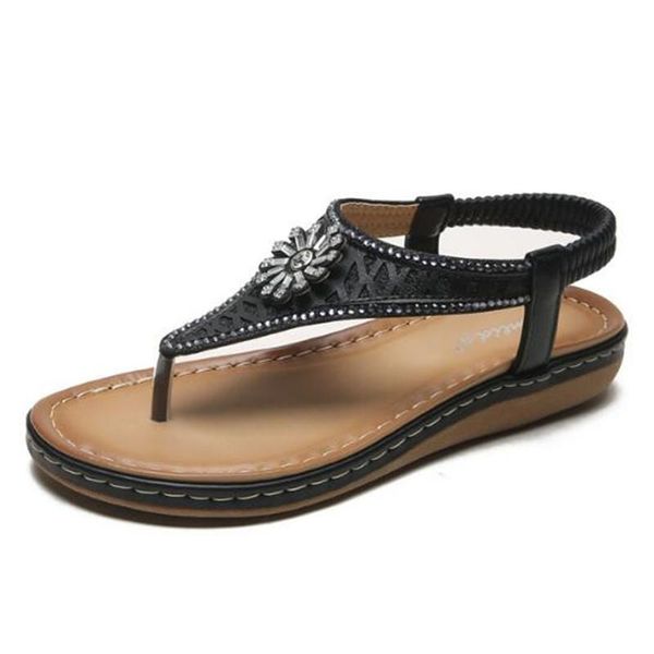 

sandals summer woman pu elastic band 2cm flat toe round string bead rhinestones bling boho style shallow ladies, Black