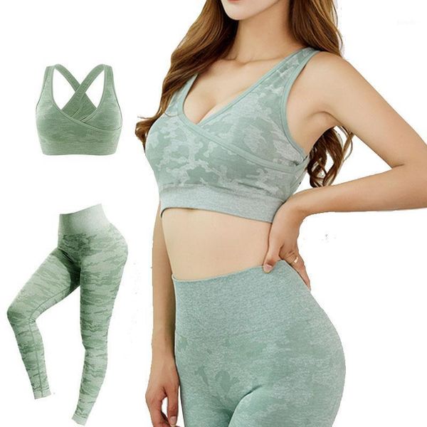 

yoga outfit women seamless tracksuit 2 piece set high waist leggins push up pants camouflage sport bra workout leggings gym top