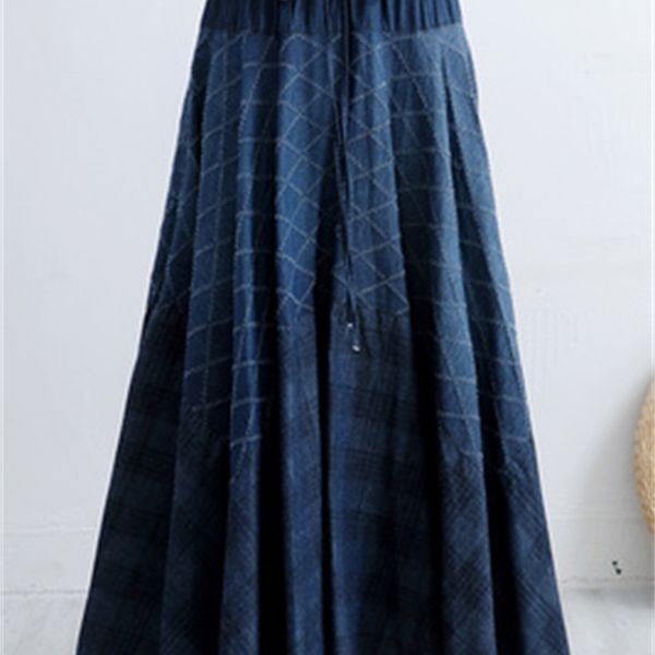 

makuluya women's vintage ethnic flower pattern printing bohemian diamond polka dot denim long pleated skirts l6, Black