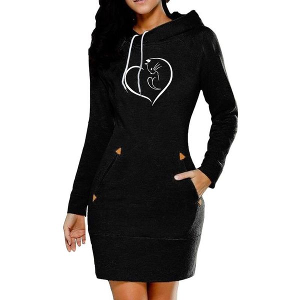 

casual dresses 2021 autumn winter women's hoodie dress love cat pattern leisure trendy hooded male pullover multi pocket slim sweat, Black;gray
