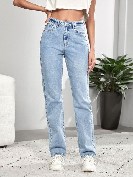 

tall slit hem straight leg jeans 15gc#, Blue