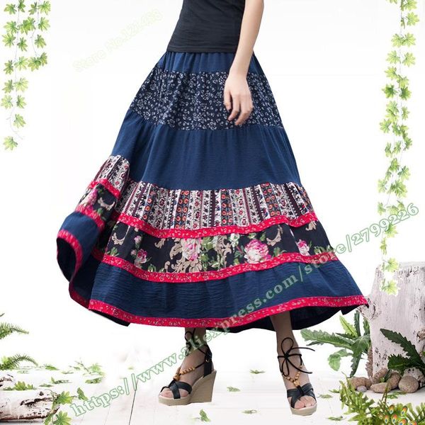 

skirts 2021 autumn summer retro vintage casual floral pattern stitching pleated cotton linen national female maxi long womens, Black