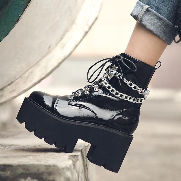 

boots lace up shoes gothic women fur platform high heel winter motorcycle ankle waterproof snow, Black