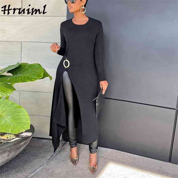 

dress for women long sleeve thigh slit autumn o neck slim solid color elegant party fashion kobieta sukienka 210513, Black;gray