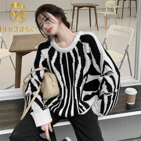 

vintage zebra striped knitted pullover sweater women autumn winter long puff sleeve hole jumpers ladies 210506, White