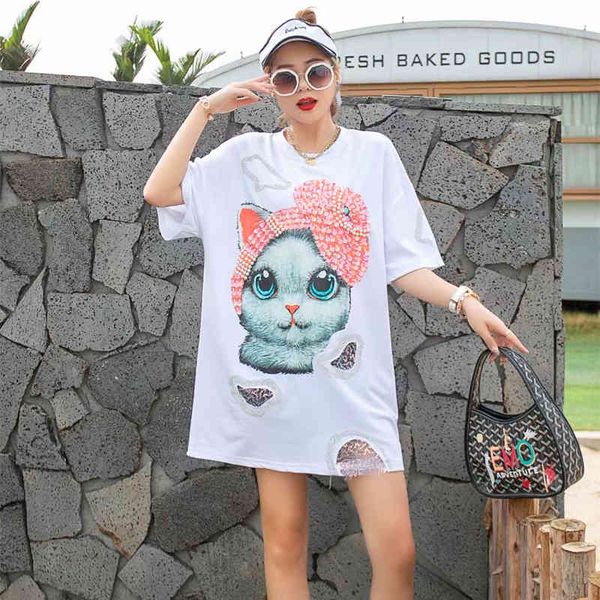 

tracksuits european station 2021 summer loose cat heavy industry women's t-shirt sequins dressed in medium length, Gray