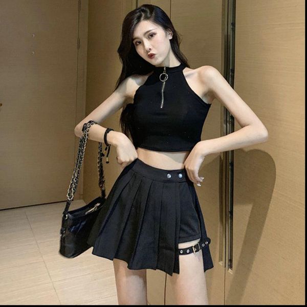 

harajuku irregular mini pleated skater women skirts asymmetric cutout clubwear, Black