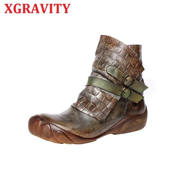 

boots xgravity fashin fretwork buckle women zipper casual woman leisure round toe genuine leather shoes ladies, Black