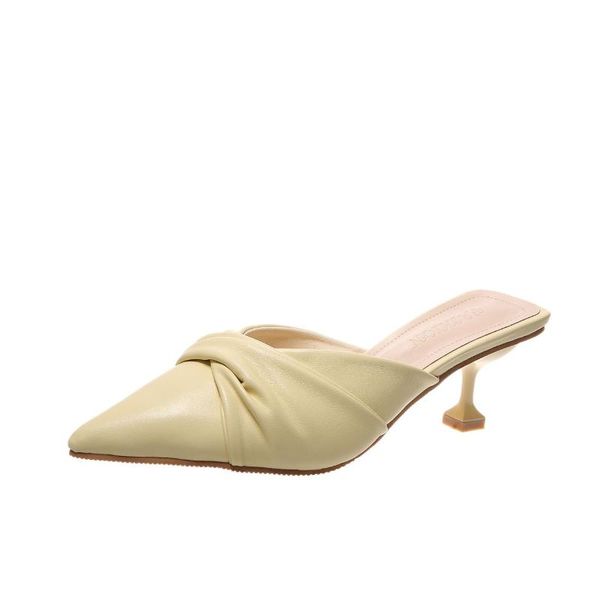 

slippers vmti 2021 summer pointed mid-heel women's shoes stiletto sandals female solid color shallow mouth half, Black