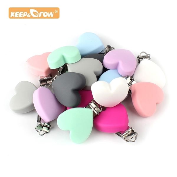

keep&grow 20pcs heart silicone teether metal clip pacifier silicone rodent accessories diy baby teething necklace pendant clamp 211106