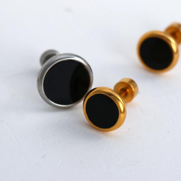 

stud aensoa stainless steel enamel ear studs earrings black gold silver color round shaped push back small for women men, Golden;silver