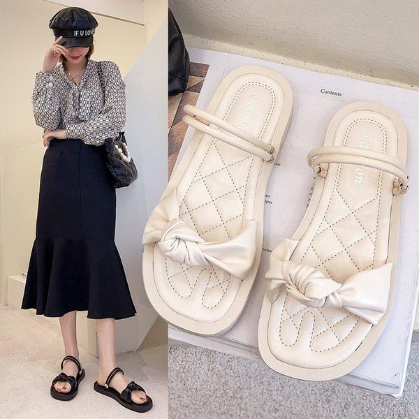 

sandals 2021 summer fairy style bowknot two-wear female korean flat-bottom beach slippers fashion, Black