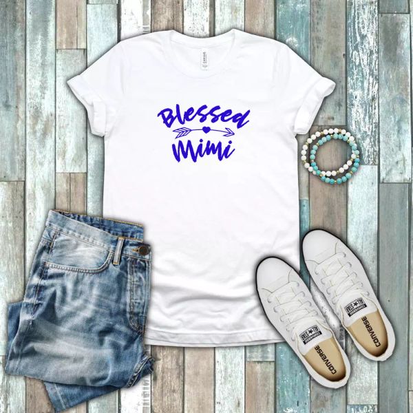

blessed mimi grandma love family gift blue white cotton t-shirt, White;black