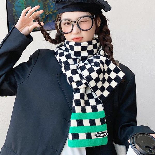

scarves knitted black white plaid scarf women's autumn winter thicken cold proof korean sweet soft wild neckscarf, Blue;gray
