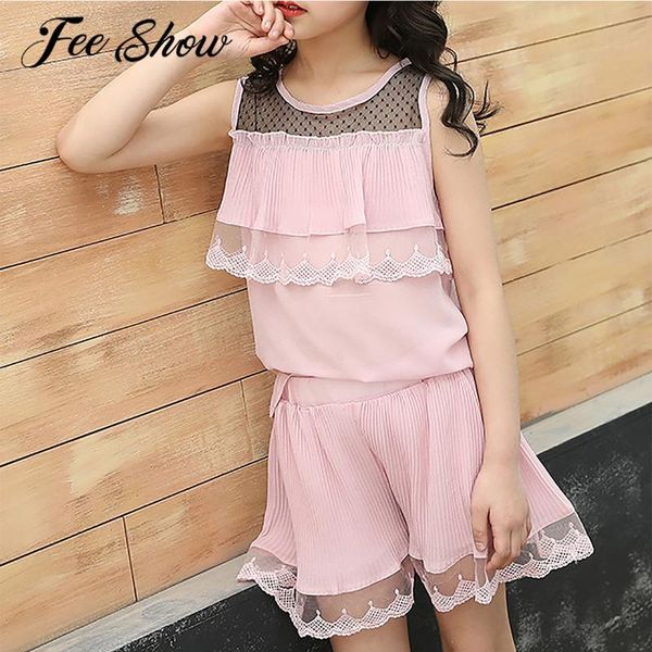 

kids summer clothes for girls chiffon outfits sleeveless lace vest + shorts 2pcs teenage clothing sets, White