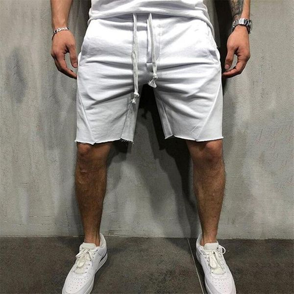 

men casual shorts 100% cotton straight original cloth ripped hem pants summer solid color beach sports men's, White;black