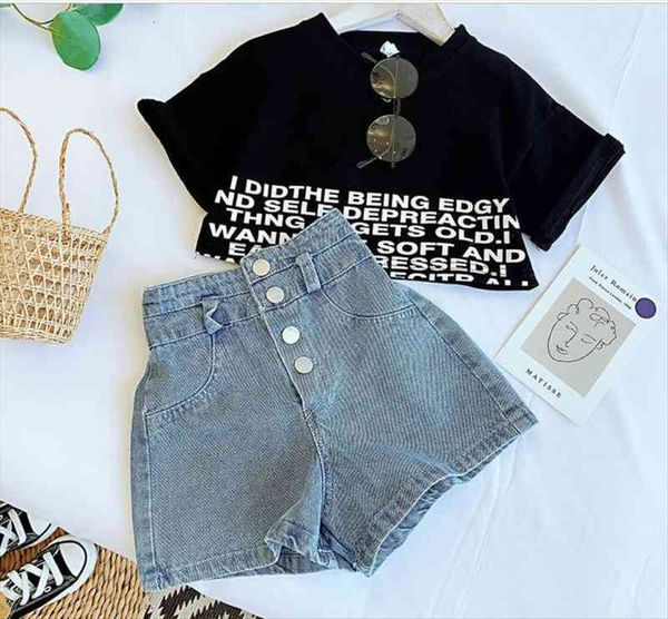 

girls summer short tshirts jeans trousers pants 2 piece teenagers 3 4 5 7 8 9 10 11years clothes outfits, White