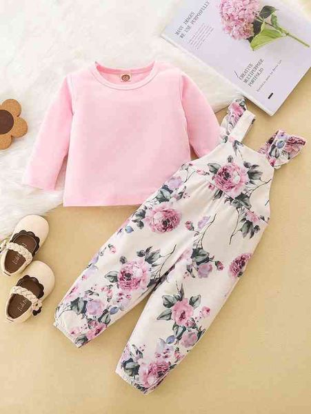 

baby solid tee & floral print ruffle trim overall jumpsuit she, Blue