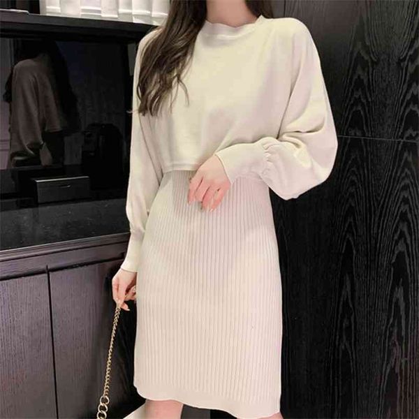 

autumn women knitted sweater dress suits casual female 2 piece set knee length korean knitwear 210514, White