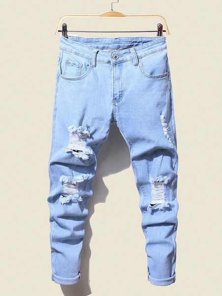 

men ripped slant pocket washed jeans k34p#, Blue