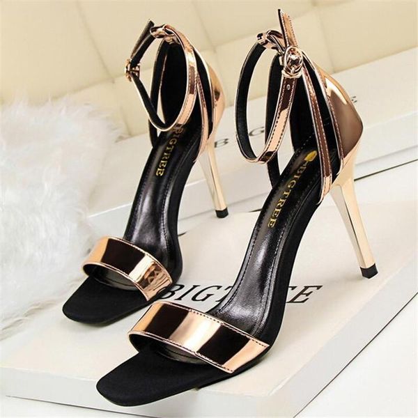 

women high heel patent leather sandalsassorted colors metal buckle rome style open toed stilettos wedding bridesmaid pumps sandals, Black