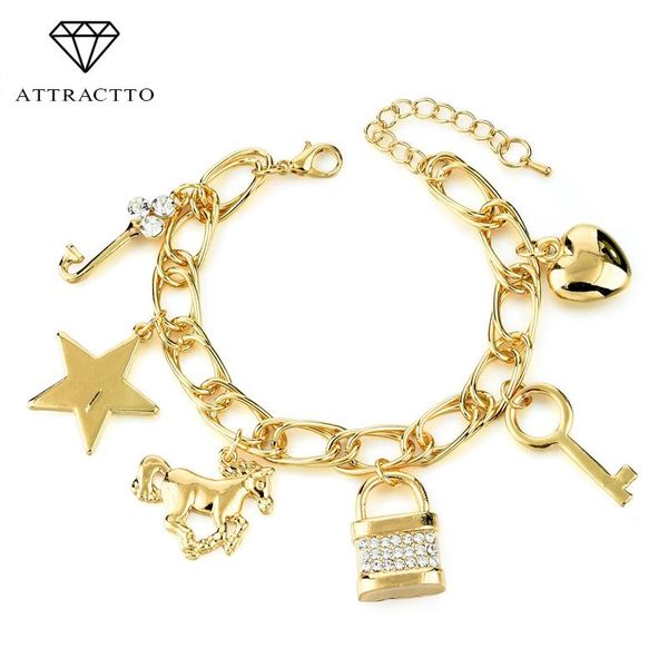 

charm bracelets attractto crystal for women jewelry gold ethnic love satr lock key bracelet & bangle pulseira feminina sbr160339, Golden;silver