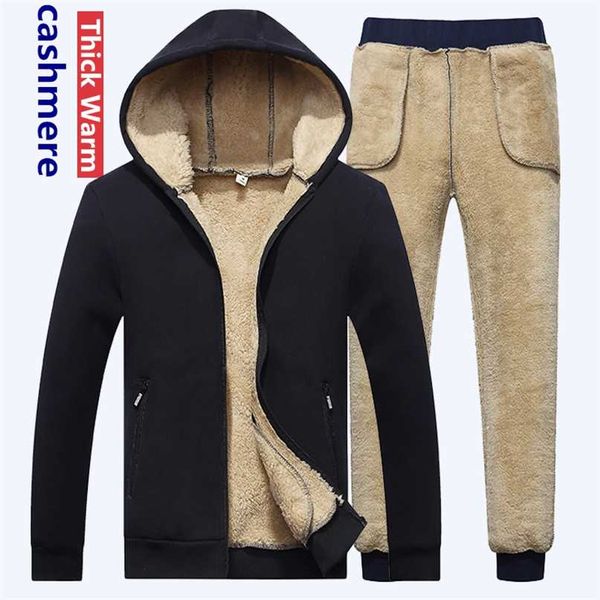 

mens lamb cashmere sets tracksuit men winter wool hooded sweatshirt thick warm sportswear male suit two piece set casual 211106, Gray