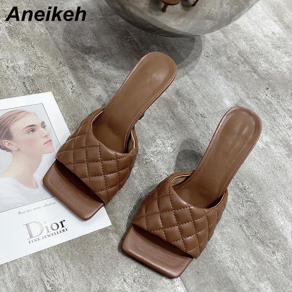 

aneikeh 2021 square toe thin high heel women sandals fashion slip on summer beach slippers lady shoes white brown blue black