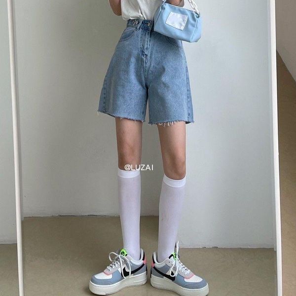 

women's jeans plus size high waist hem denim shorts for women summer2021 loose girl wide leg super pants fashion, Blue