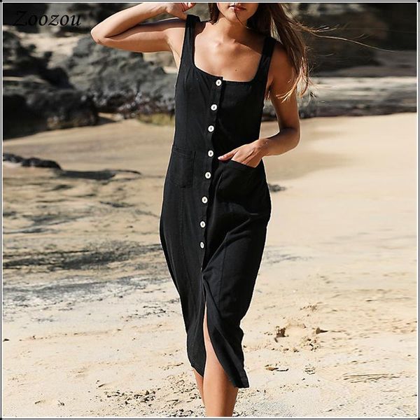 

casual dresses women square collar long shirt dress summer black white cotton button tank sleeveless mid calf plain, Black;gray