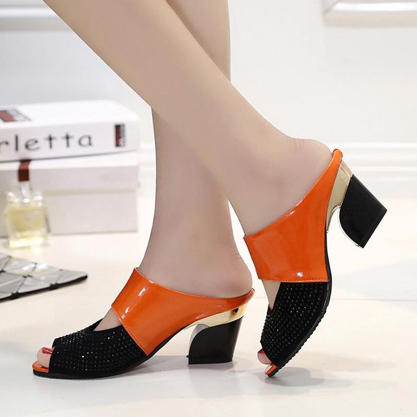 

sandals 2021 fashion women summer patent leather peep toe cut out high heels flip flops female party shoes woman, Black