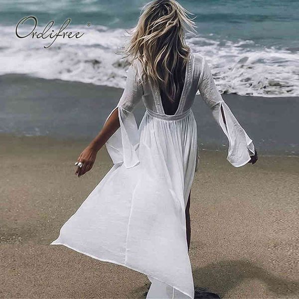 

summer women beach long sleeve transparent white lace see through maxi tunic dress 210415, Black;gray