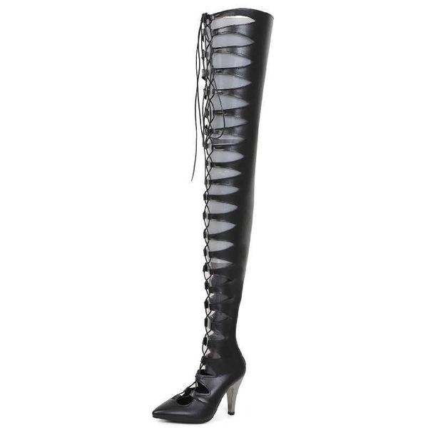 

super high boots women lace-up summer cut-outs high heels over the knee boots platform long stripper fetish dance shoes lady 210429, Black