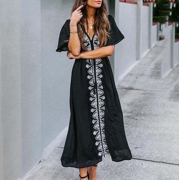 

women's swimwear embroidery v-neck bikini cover ups short sleeve swimsuit robe de plage butterfly pareo beach tunic dress oversize, White;black