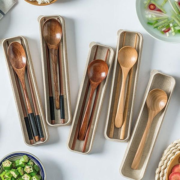 

3pcs/set portable wooden cutlery setsjapanese style tableware nice gift for travel spoon fork chopsticks kitchen supplies dinnerware sets