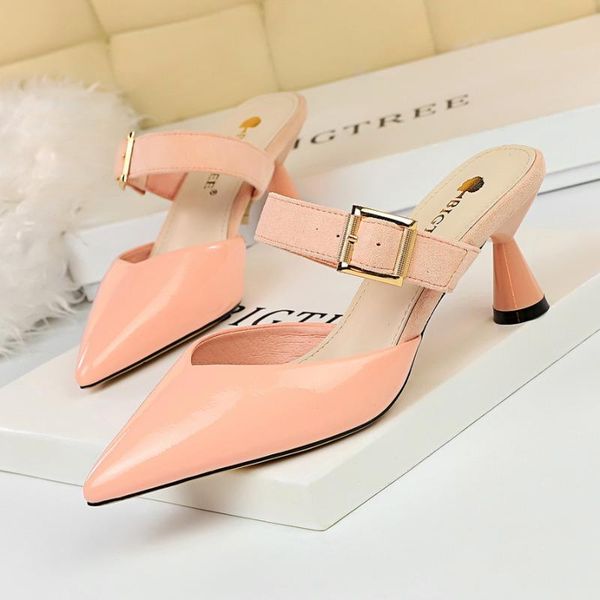 

dress shoes 2021 brand high heels slippers pointed toe for women slip-on designers summer party wedding pumps ladies block heel, Black