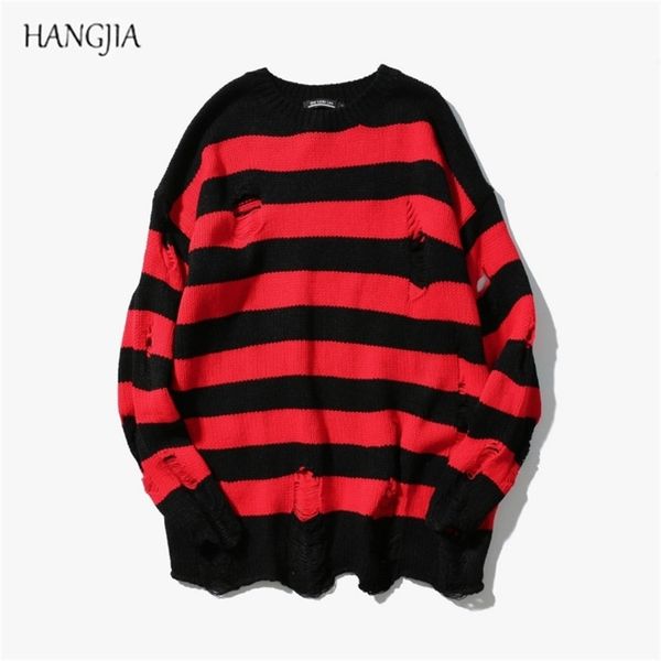 

black red striped sweaters washed destroyed ripped men hole knit jumpers women oversized harajuku 210918, White;black