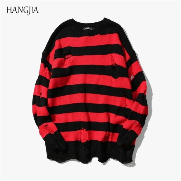 Black Vermelho listrado suéteres lavado destruído homens rasgados buraco jumpers jumpers mulheres grandes dimensionadas harajuku 210918