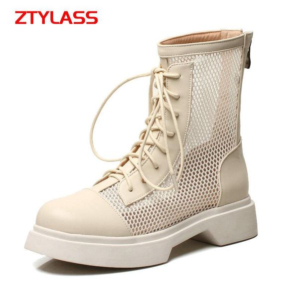

boots 2021 summer hollow mesh women fashion zipper cross tied ankle comfort low heel round toe shoes woman, Black