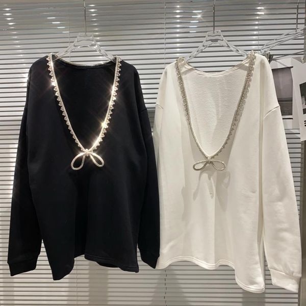 

women's hoodies & sweatshirts 2021 spring deep v-neck backless rhinestone bow thickened sweatshirt for women loose female casual pullov, Black