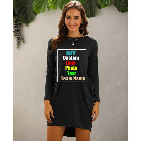 

customize your picture logo plus size women's autumn and winter loose pocket long sleeve european american dress casual dresses, Black;gray