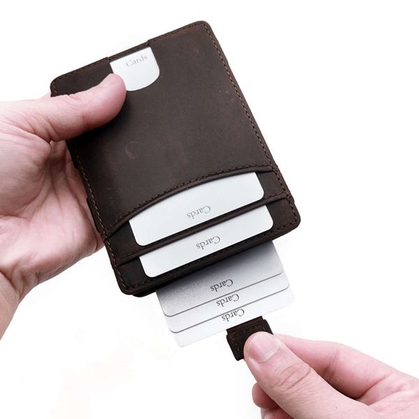 

magic wallet men's crazy horse skin magic wallet creative elastic band wallet leather rfid card bag, Black