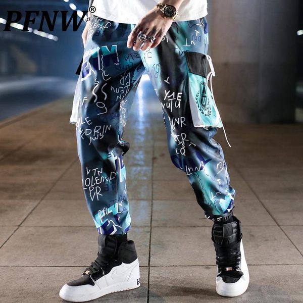 

men's pants pfnw 2021 streetwear autumn cargo thin trousers male tooling clothes teens trends cool letter pocket ins 2x01016, Black