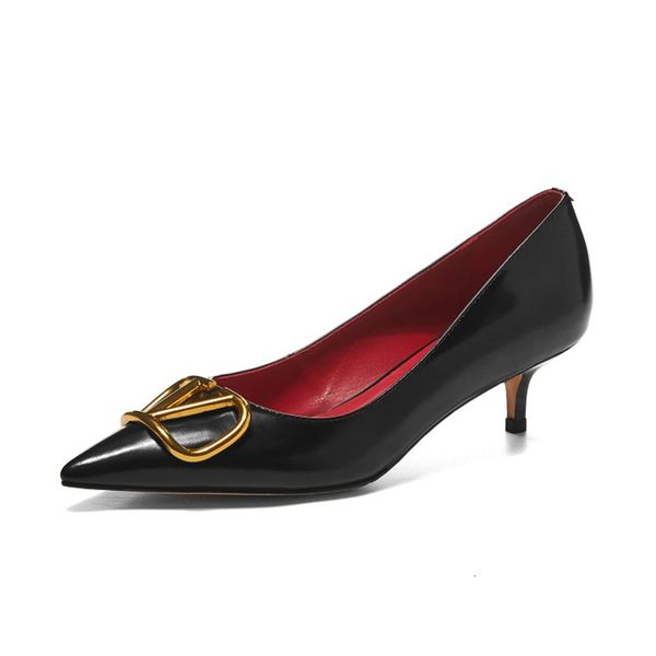 

dress shoes spring metal buckle leather high-heeled pointed shallow mouth fashion wild women's singles 0m27, Black