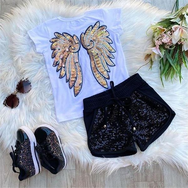 

2 6years fashion girls summer clothing sets children kids behind sequined wings t shirts elastic shorts tracksuits, White