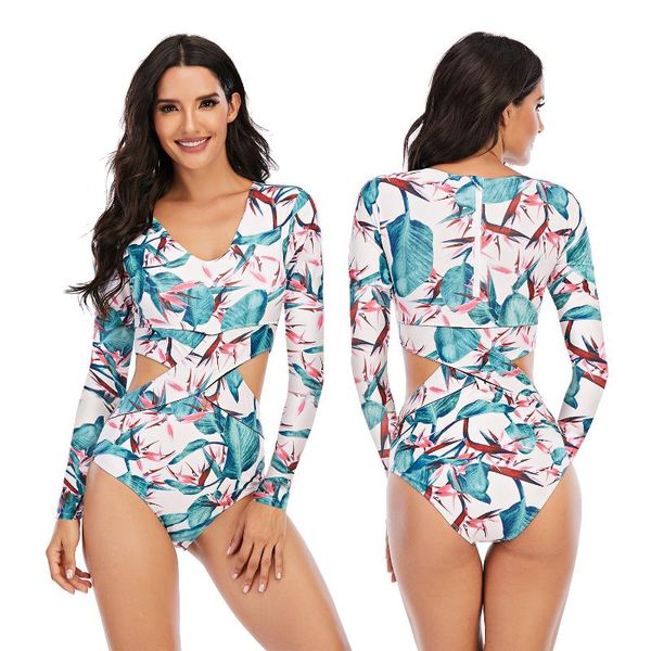 

women one piece long sleeve surfing swimsuit v-neck hollow swimwear 2218 two-piece suits