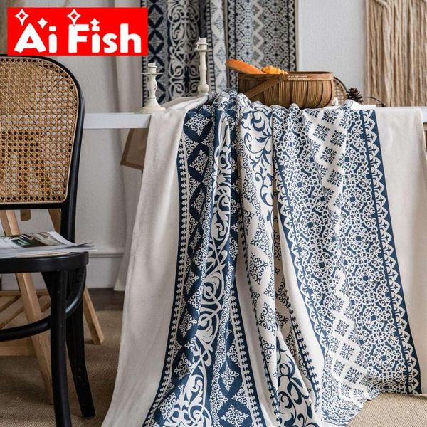

curtain & drapes chinese style blue and white porcelain geometric printing cotton linen semi blackout curtains for kitchen bedroom windows #