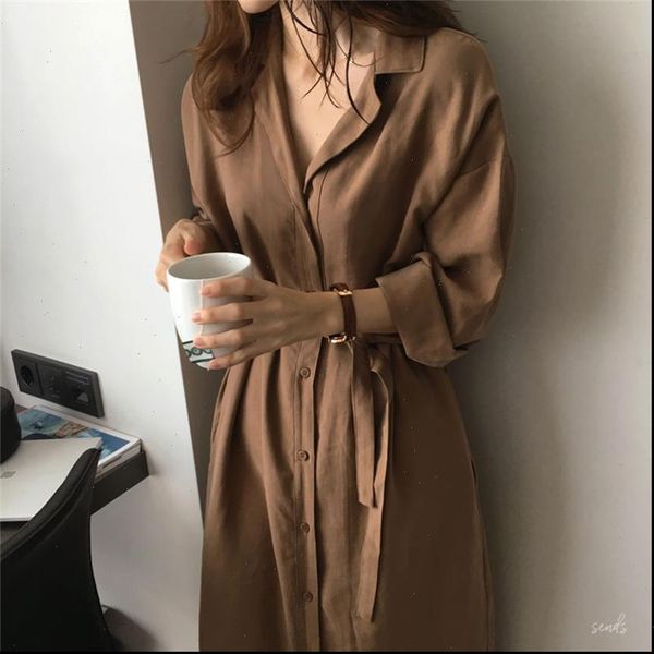 

elegant korea chic loose lapel women dresses shirt tie waist long trench female cardigan gd598, Black;gray