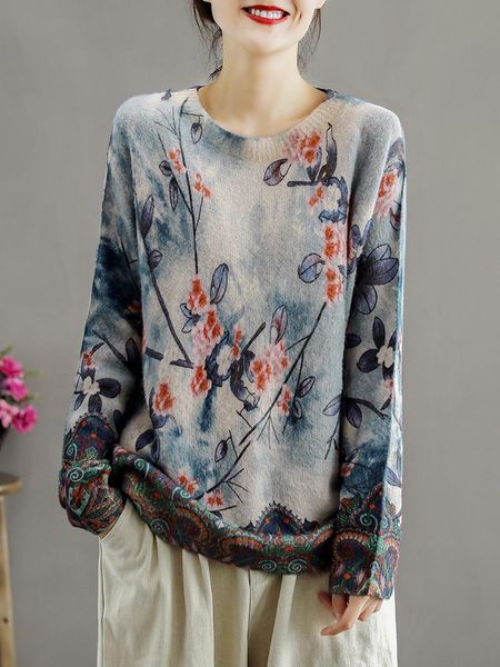 

women's sweaters national style printed retro artistic pullover knitting sweater autumn thin loose floral printing knit long sleeve, White;black